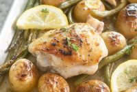 One Pan Chicken Thighs with Roasted Potatoes and Green Beans