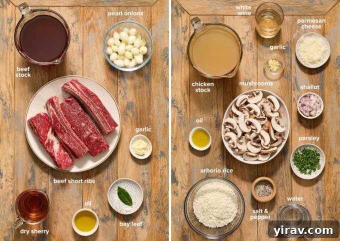 A selection of fresh ingredients laid out for making braised short rib mushroom risotto, including ribs, vegetables, and rice.