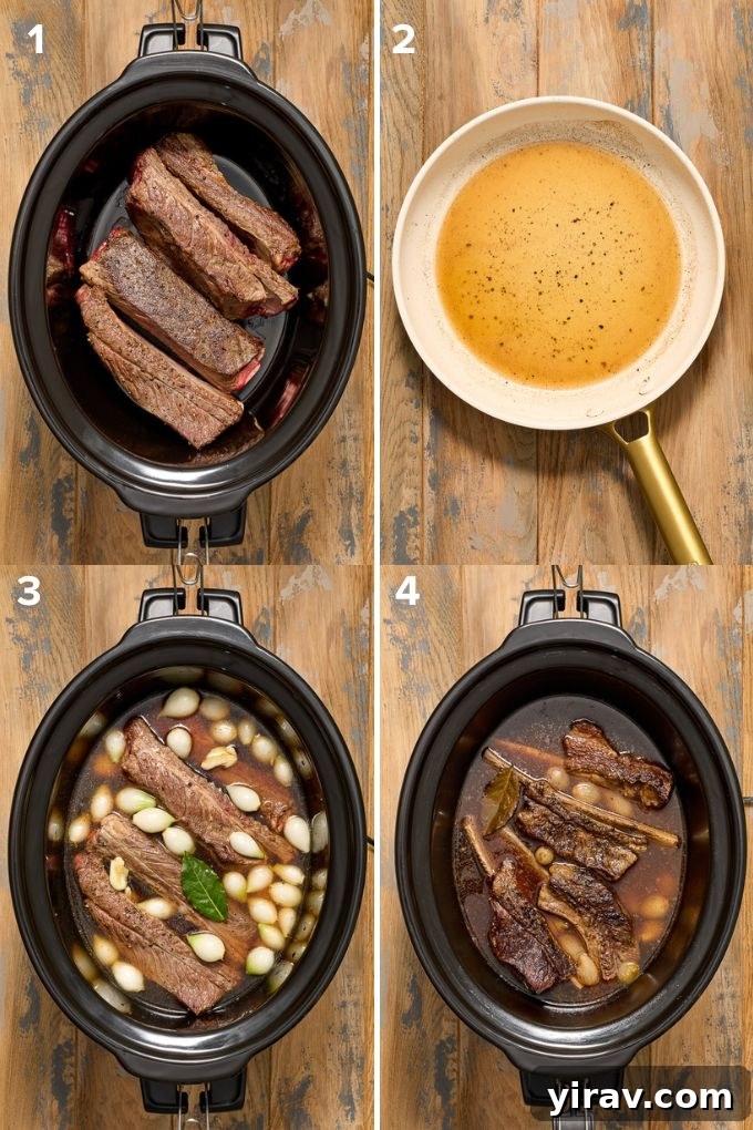 Visual steps demonstrating how to make tender braised short ribs in a slow cooker.