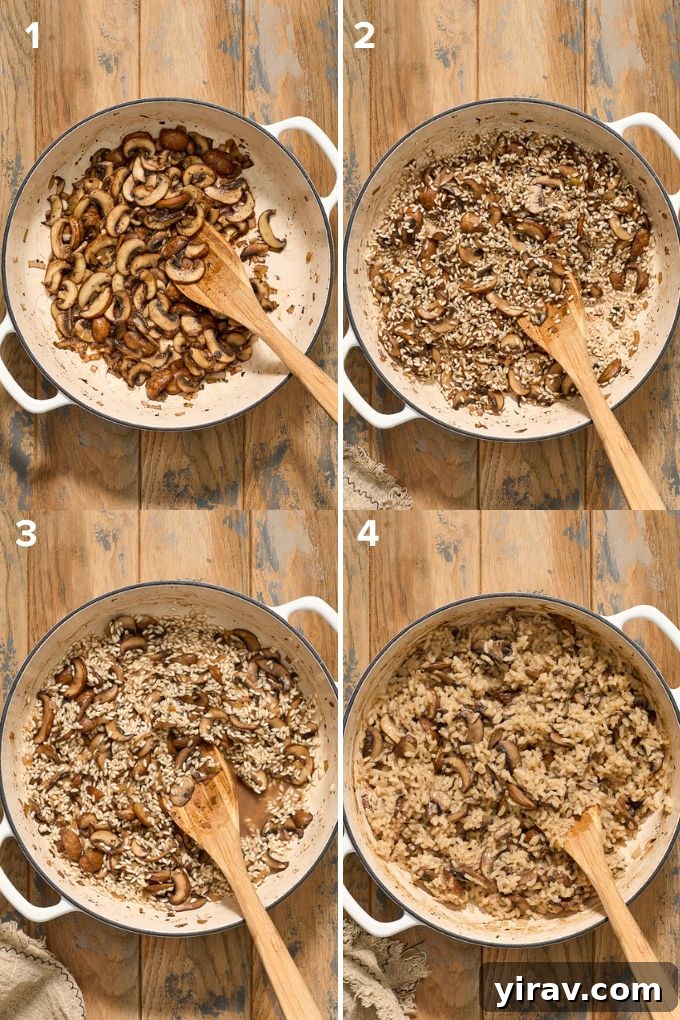 Illustrating the process of making creamy risotto with mushrooms in a pan.