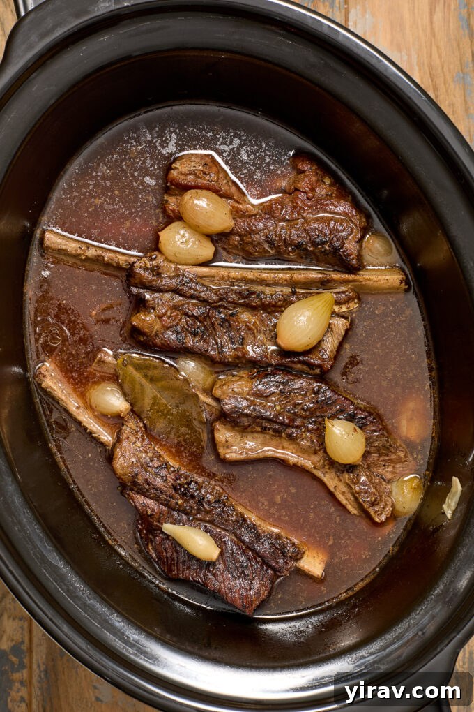 Close-up of beef short ribs simmering gently in a slow cooker, surrounded by savory braising liquid and pearl onions.