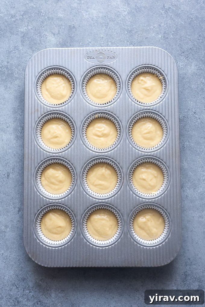 Vanilla cupcakes in a muffin pan before baking, ready for the oven.