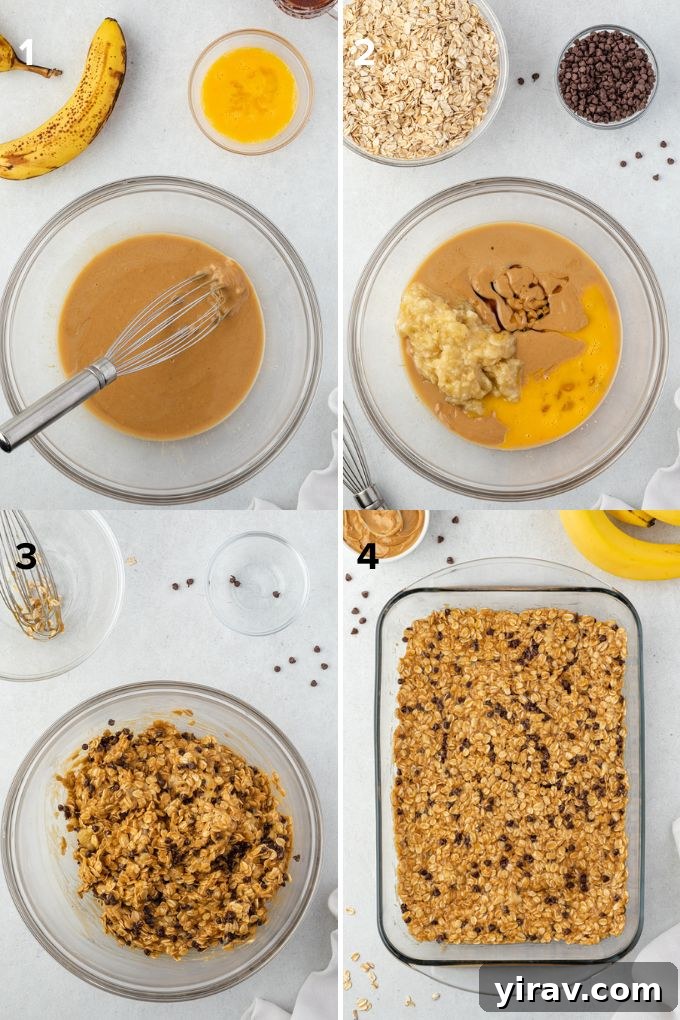 Step-by-step process of mixing ingredients for peanut butter oat bars
