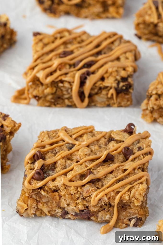 Banana peanut butter oat bars drizzled with extra peanut butter