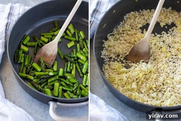 Vibrant Spring Risotto 5 Collage of step-by-step photos: sautéed asparagus in a pan, followed by toasted arborio rice with leeks and garlic.