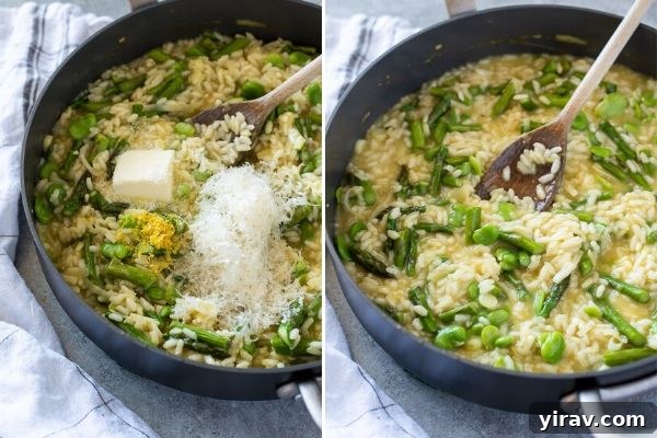 Vibrant Spring Risotto 7 Collage of Spring Vegetable Risotto: before stirring in butter, parmesan, and lemon, and a final image of the finished, creamy dish.