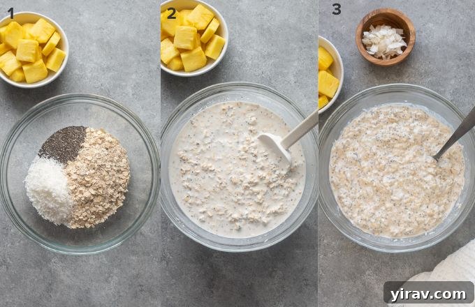 Step-by-step images showing how to mix coconut and pineapple overnight oats ingredients in a bowl.