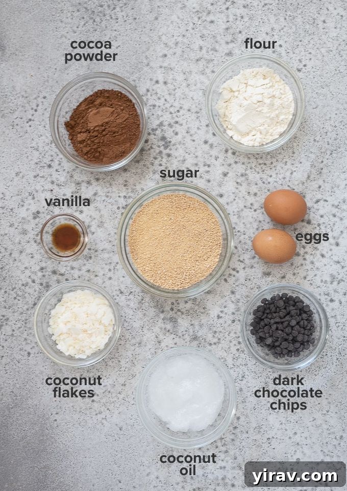 Coconut oil brownie recipe ingredients laid out