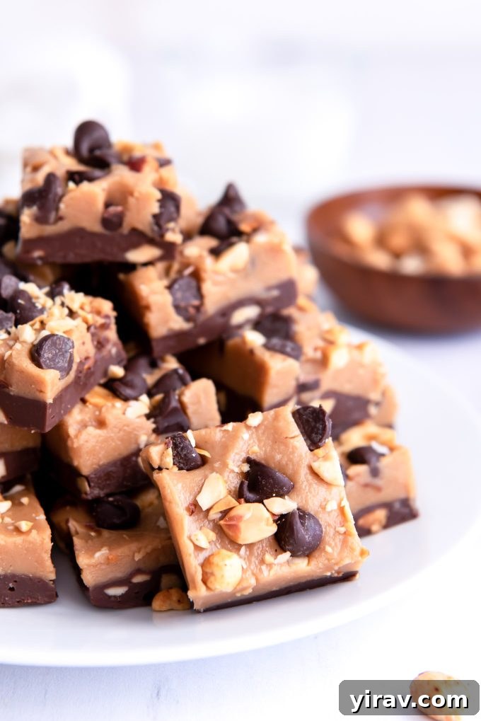 Squares of creamy chocolate peanut butter fudge piled on a pristine white plate, showcasing rich layers and crunchy toppings.