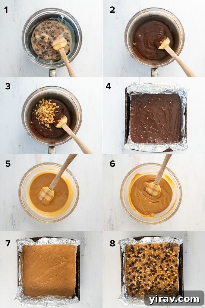 A visual collage showing the step-by-step process of making chocolate peanut butter fudge, from melting ingredients to layering.
