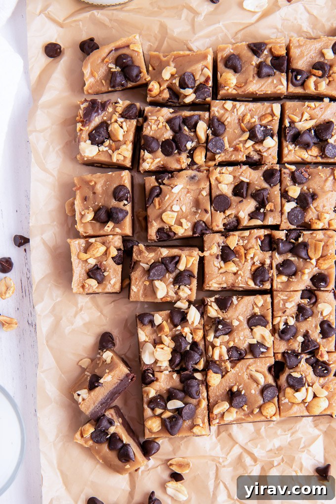 Freshly cut squares of chocolate peanut butter fudge arranged neatly on parchment paper, ready to be enjoyed or stored.