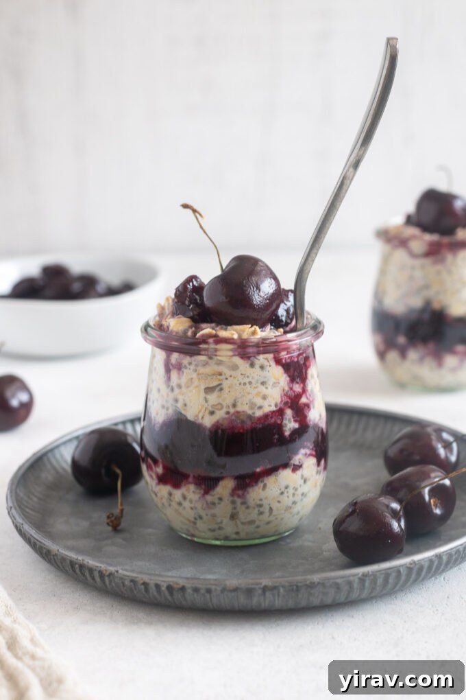 Cherry overnight oats in glass jars, ready for a healthy and delicious breakfast.