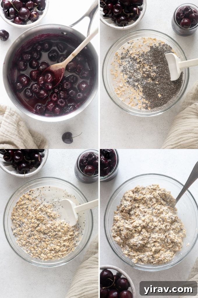 Visual steps for preparing cherry pie overnight oats: mixing oats, chia seeds, and milk.