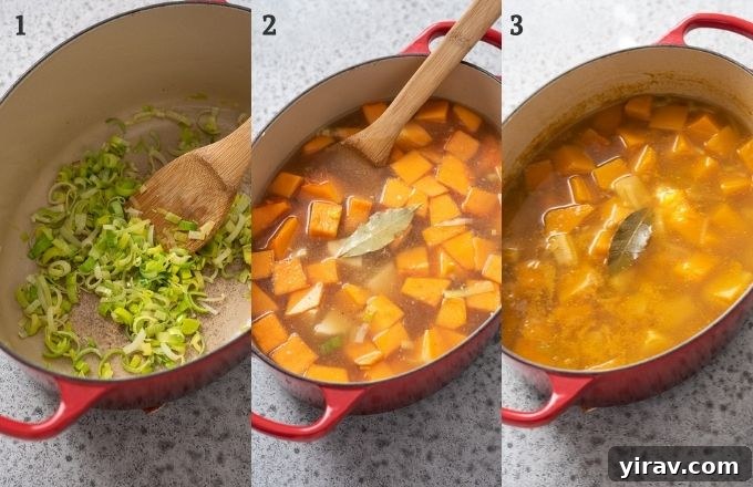 A visual collage illustrating the initial steps to make butternut squash potato leek soup, including sautéing leeks and adding vegetables to the pot.