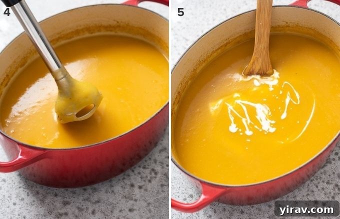 A visual collage showing the final stages of making butternut squash potato leek soup: puréeing the soup until smooth and stirring in heavy cream.