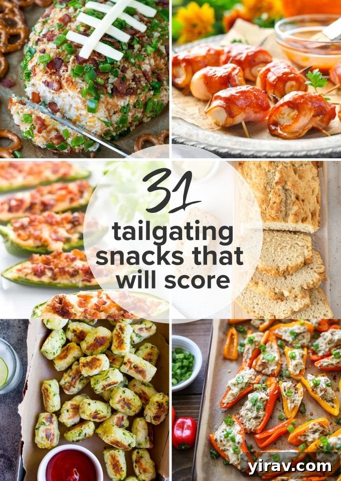 31 Tailgating Snacks That Steal the Show 2 A vibrant spread of tailgating snack recipes including zucchini tots, a festive cheese ball, and more game-day favorites.