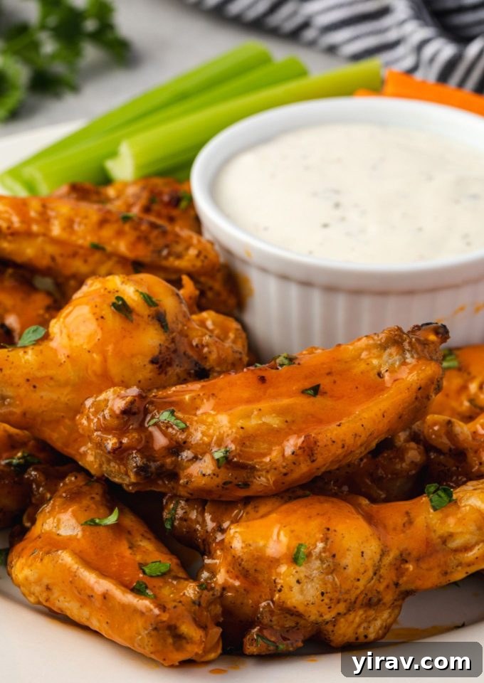 31 Tailgating Snacks That Steal the Show 3 Piles of Instant Pot chicken wings served on a platter with a side of creamy ranch dip, ready for game day.