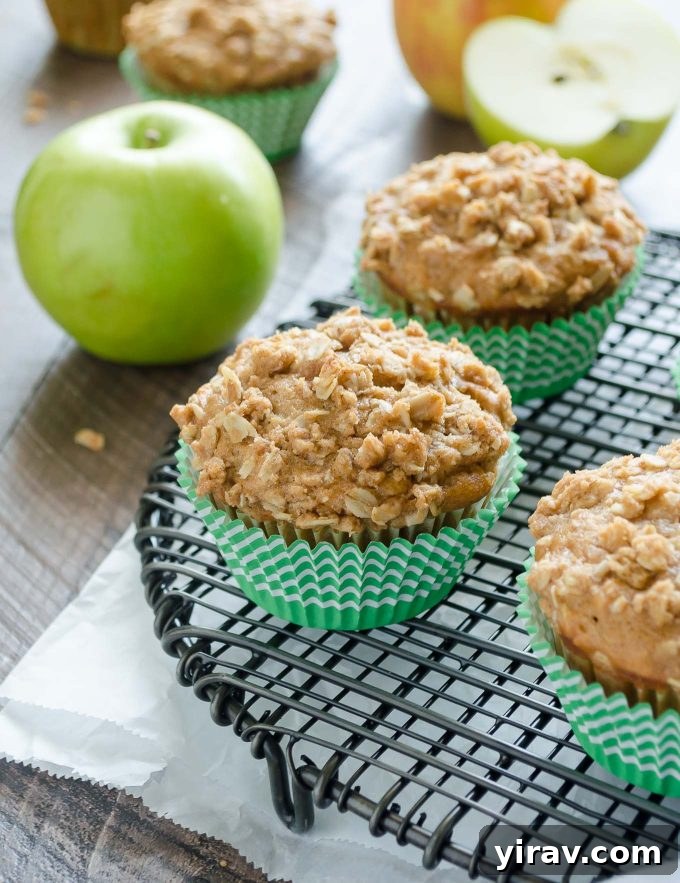 Delicious Apple Oatmeal Muffins with a golden streusel topping, perfect for breakfast or snack.