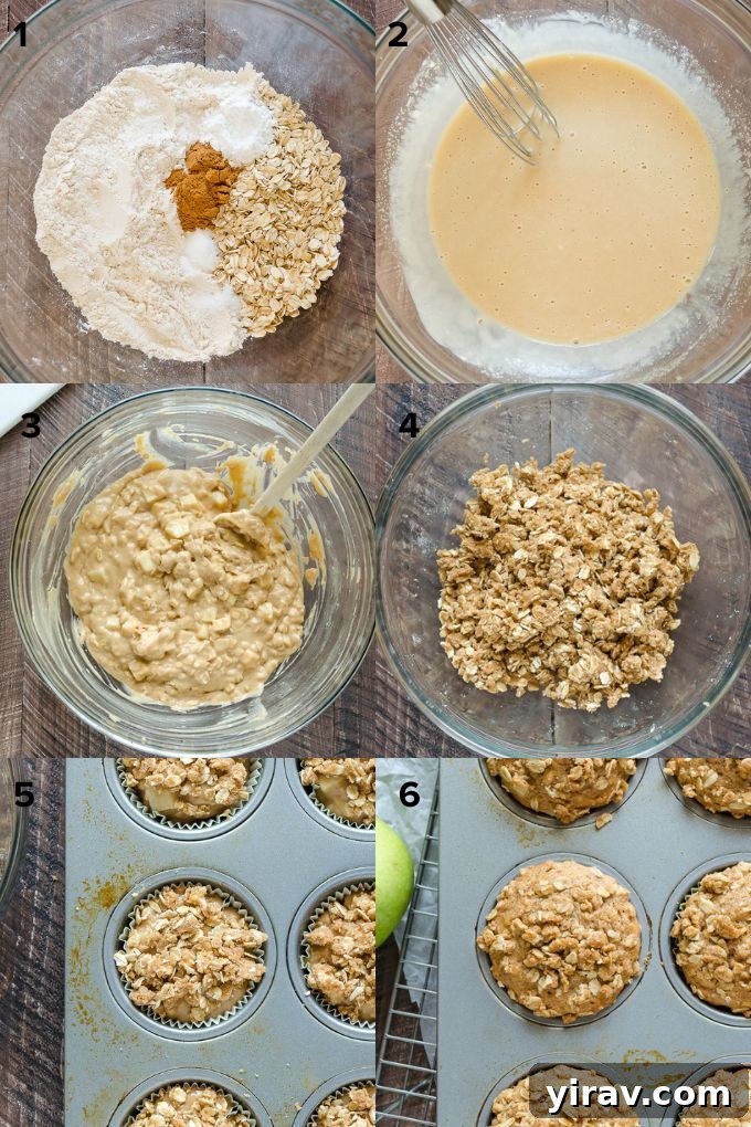Step-by-step image guide on how to prepare apple oatmeal muffins, showing ingredients and mixing bowls.