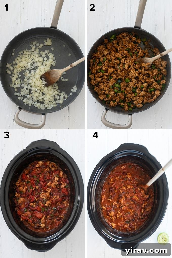 A step-by-step image showing the process of making turkey chili: browning ground turkey with onions and spices in a skillet before transferring to a slow cooker.