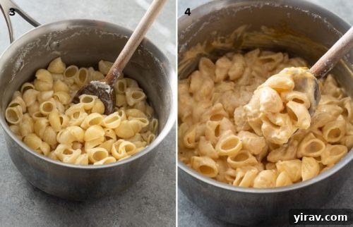 Collage with pasta in pot before and after adding cheese, showing the creamy transformation.