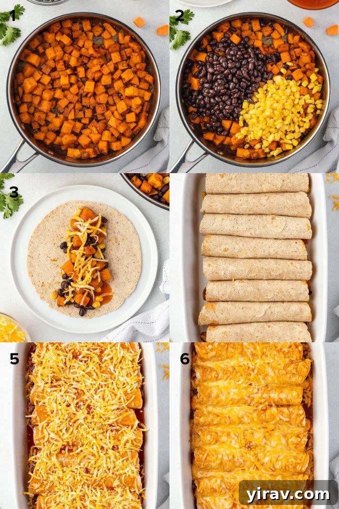 A visual collage illustrating the key steps to prepare sweet potato black bean enchiladas: cooking the filling, rolling the tortillas, and assembling in a baking dish.