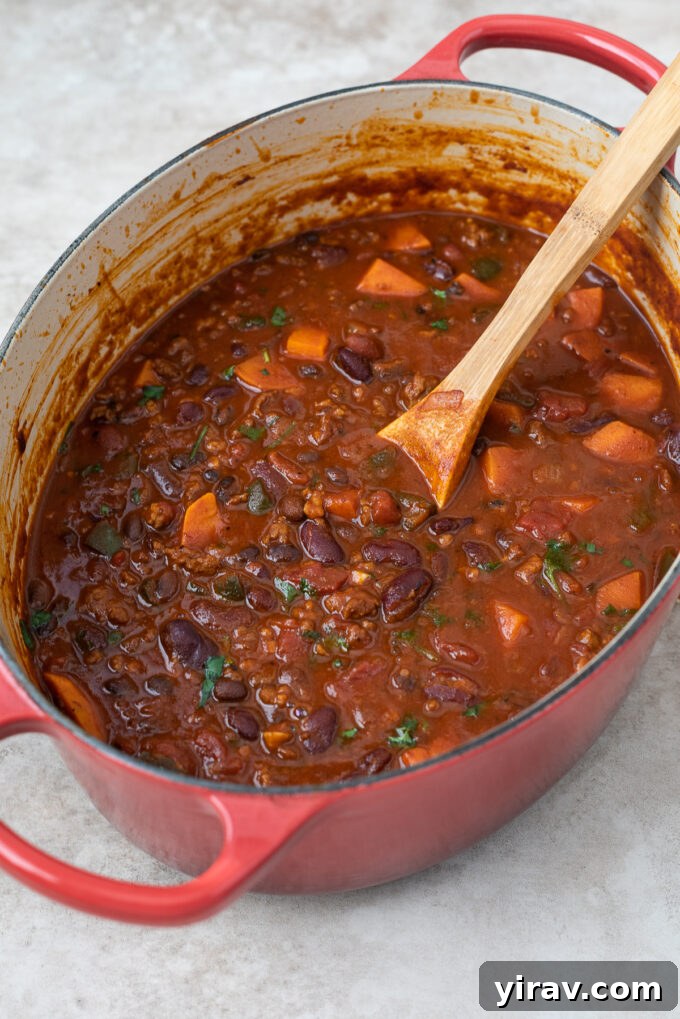 Chorizo Chili with Black Beans in a Dutch oven.