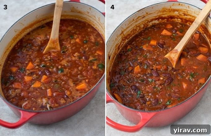 Chorizo chili in dutch oven before and after simmering