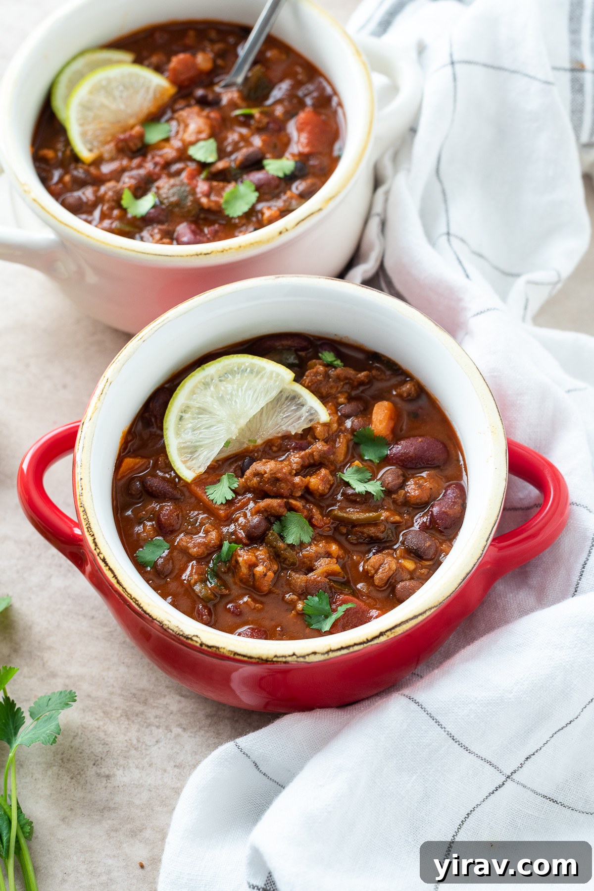 Chorizo chili with sweet potato in a bowl.