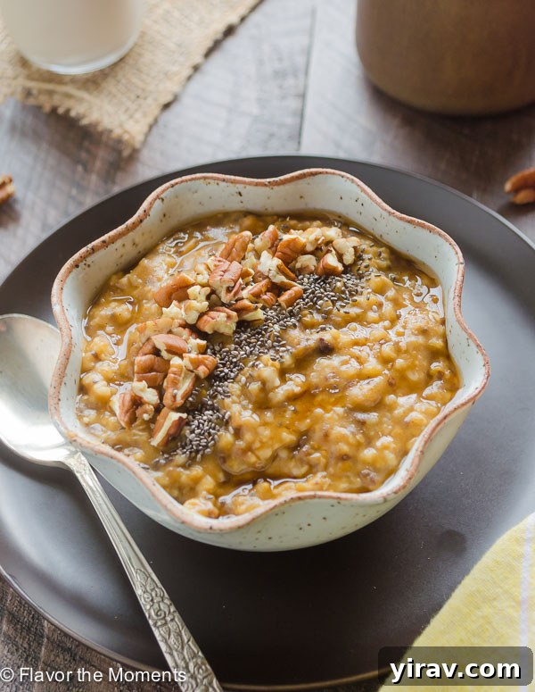 Cozy Slow Cooker Pumpkin Spice Steel Cut Oats 2 A beautifully styled bowl of Slow Cooker Pumpkin Steel Cut Oats, garnished with pecans and a sprinkle of chia seeds, perfect for a healthy fall breakfast. @FlavortheMoment