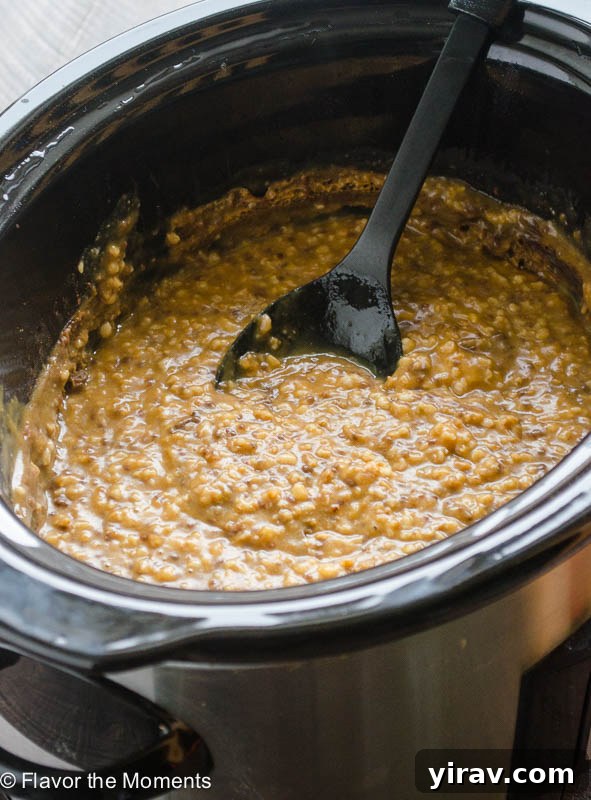 Cozy Slow Cooker Pumpkin Spice Steel Cut Oats 3 Close-up shot of creamy Pumpkin Steel Cut Oats cooking gently in a slow cooker, with a spoon nestled in the center, ready for serving.