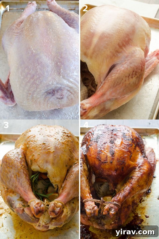 The Ultimate Dry Brined Roast Turkey 4 A close-up of a turkey being prepared for dry brining, showing salt generously applied to the skin. The image focuses on the initial dry brining step.