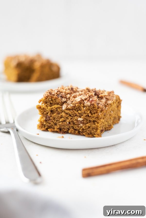 A delectable slice of pumpkin coffee cake on a pristine white plate, showcasing its fluffy texture and golden streusel topping.