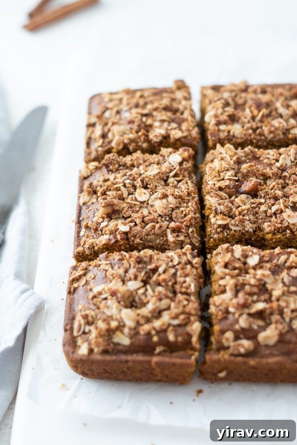 A beautiful front shot of the pumpkin coffee cake, meticulously sliced into squares, highlighting its golden-brown streusel and appealing texture.