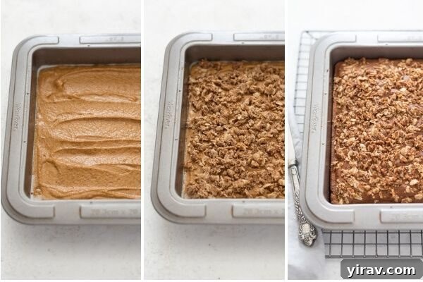 A process collage illustrating the simple steps to make pumpkin coffee cake, from mixing ingredients to preparing the streusel and baking.