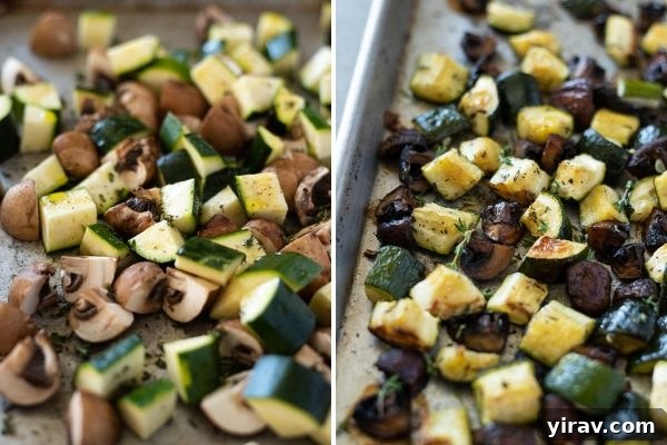 A collage showing the step-by-step process of preparing roasted zucchini and mushrooms