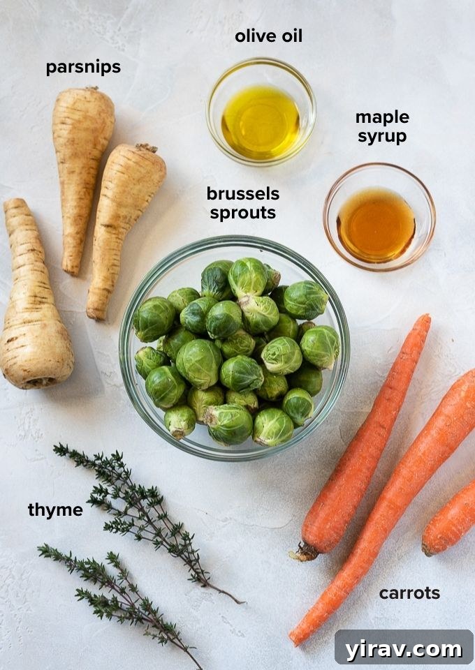 Fresh ingredients for roasted brussels sprouts, carrots, and parsnips including parsnips, carrots, brussels sprouts, olive oil, maple syrup, and fresh thyme.