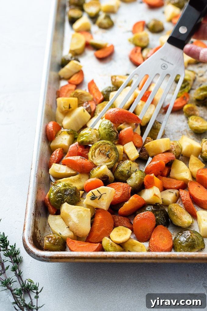 Roasted brussels sprouts carrots and parsnips spread out on a sheet pan after roasting, showing caramelization.