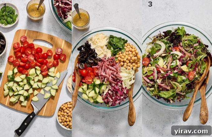 Step-by-step assembly of chopped Italian salad, showing ingredients being mixed in a bowl.