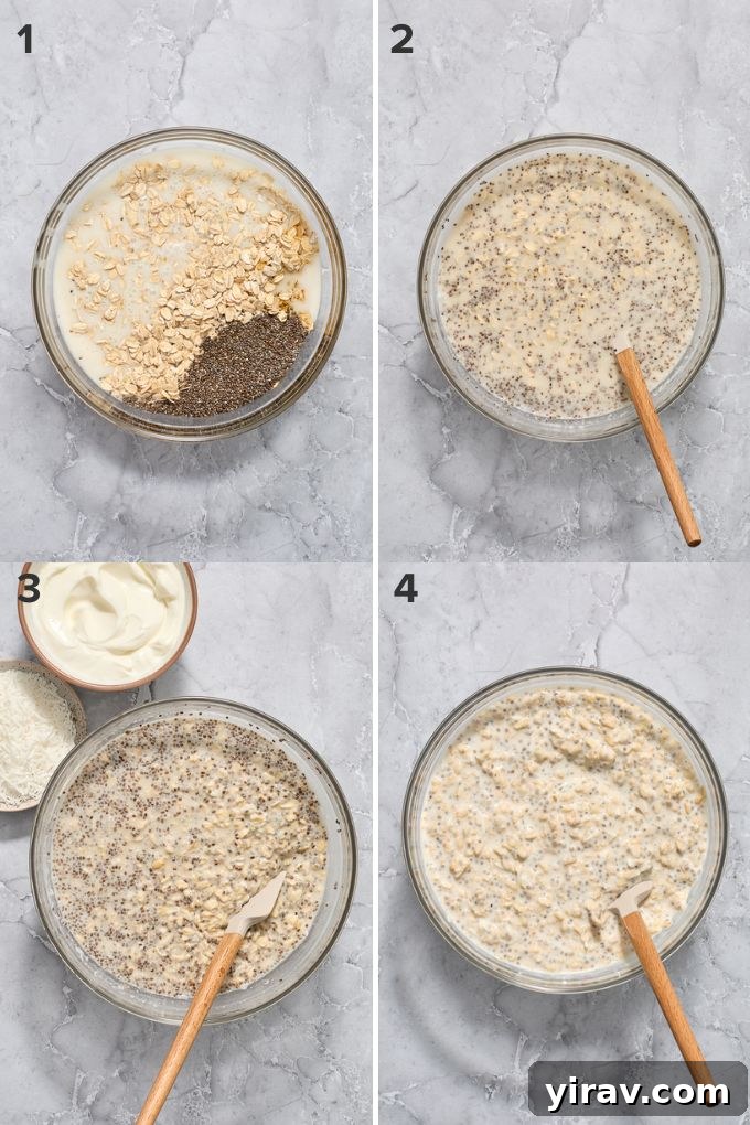 Visual steps illustrating how to mix ingredients for coconut overnight oats with chia seeds and Greek yogurt.