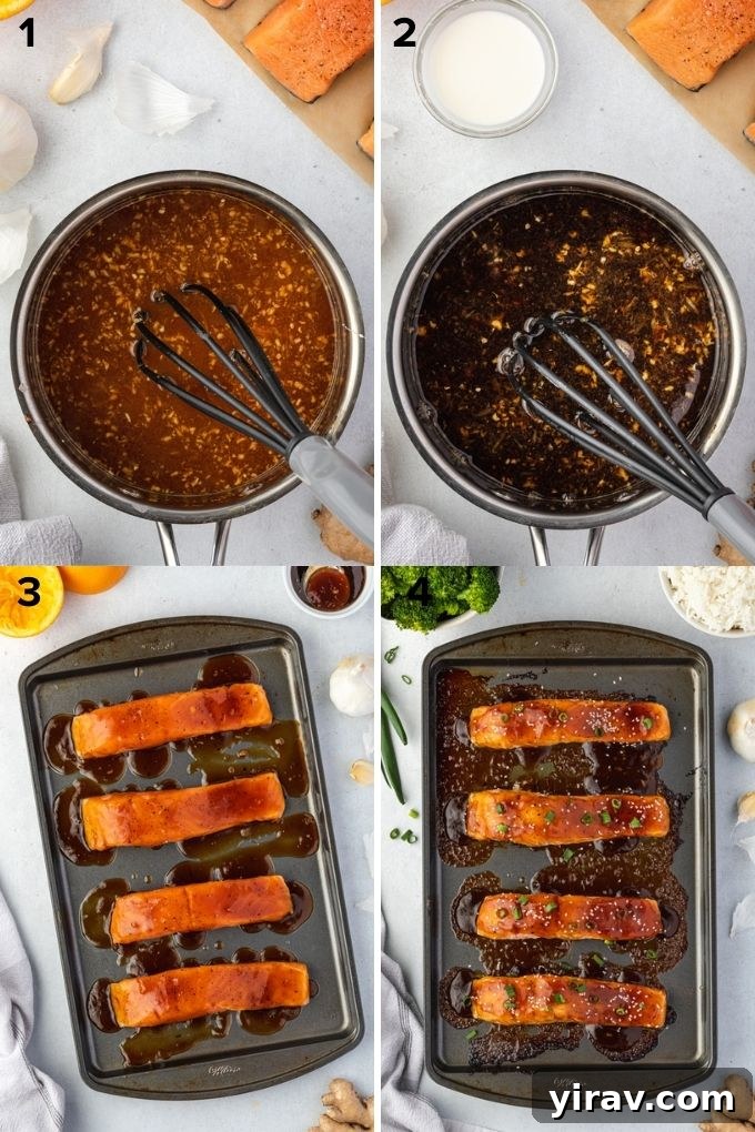 Glazed Teriyaki Salmon 5 Step-by-step process of preparing teriyaki salmon, showing sauce ingredients and pre-baked salmon fillets.
