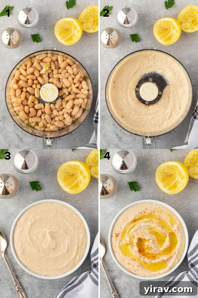 Creamy White Bean Hummus 5 A food processor blending white beans, lemon juice, garlic, and olive oil into a smooth, creamy white bean hummus.