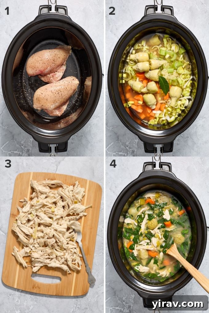 How to make chicken soup with artichoke hearts.