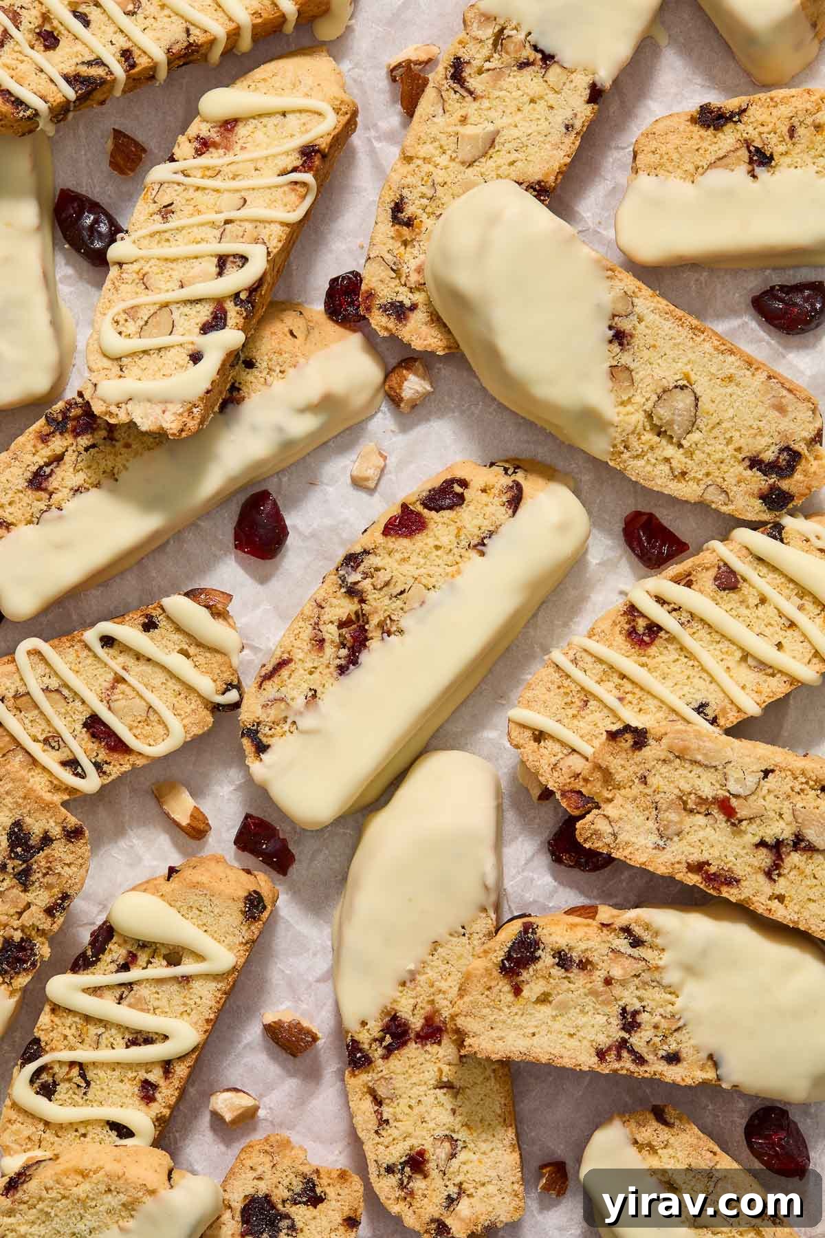 Cranberry orange biscotti dipped in white chocolate.