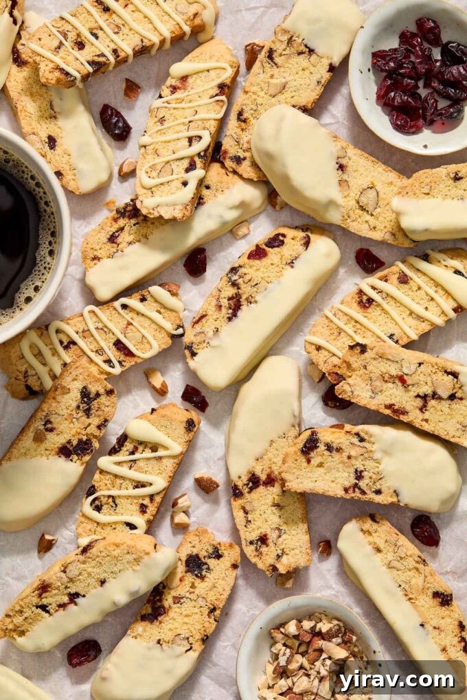 Cranberry almond biscotti on parchment with mug of coffee.