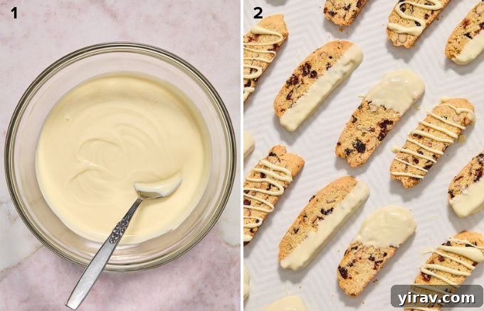 How to dip cranberry biscotti in white chocolate.
