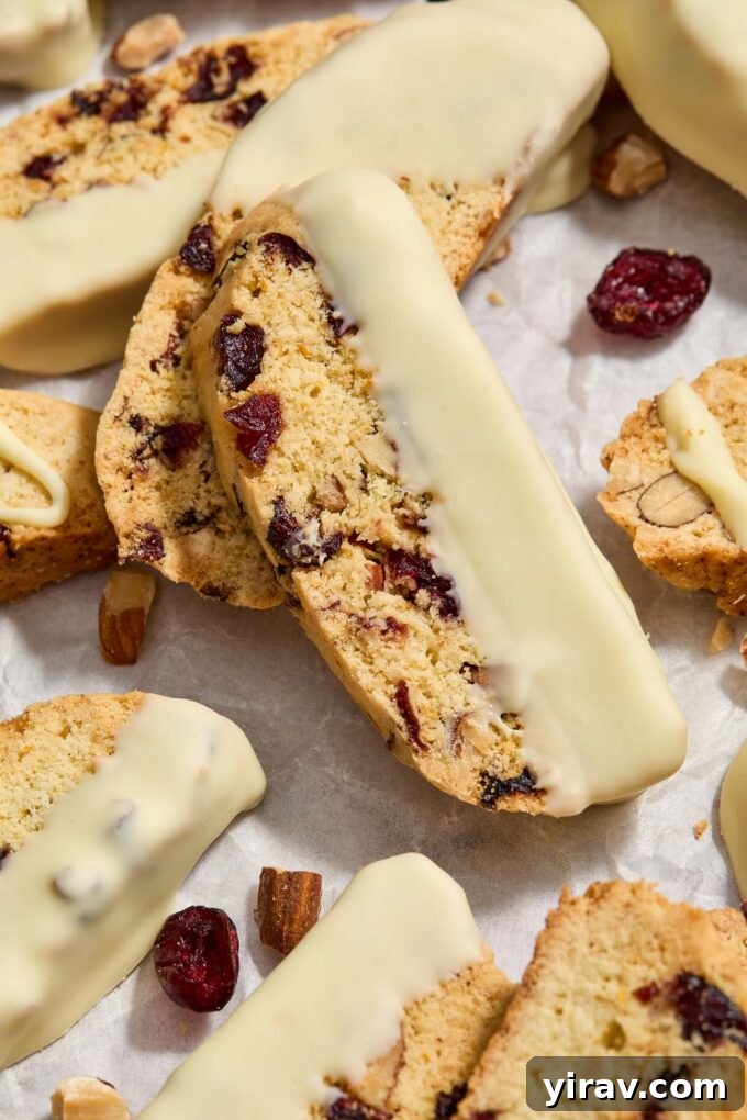 White chocolate cranberry orange biscotti with dried cranberries alongside.