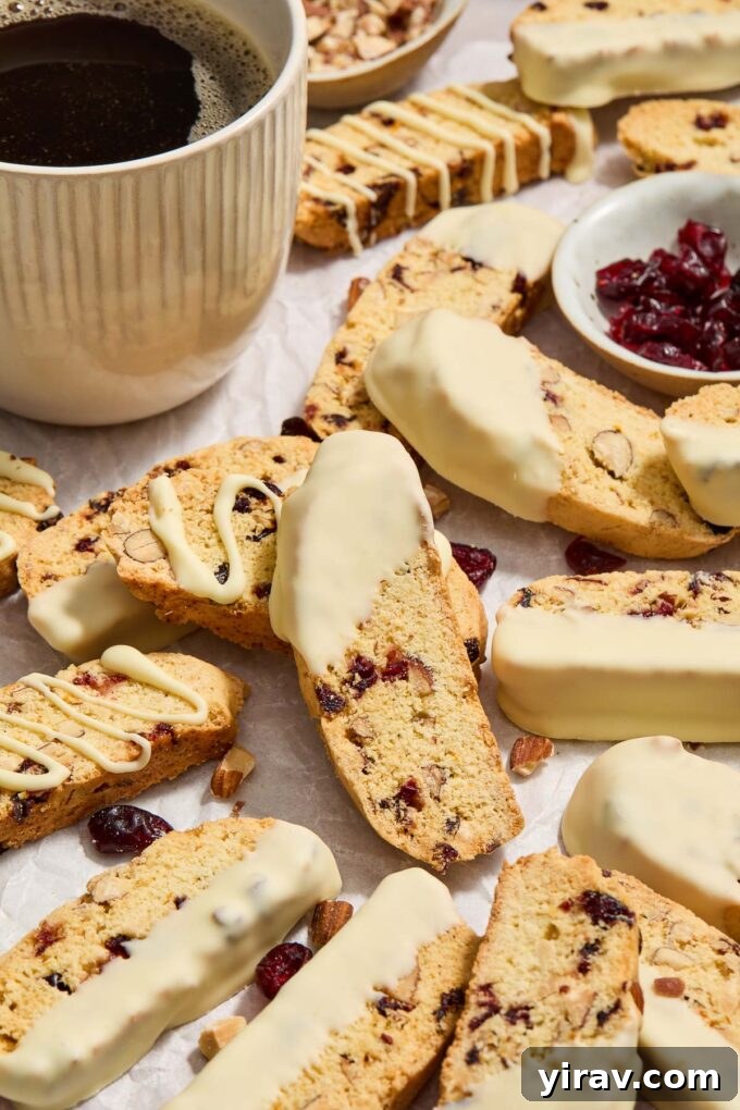 Biscotti with cranberries and almonds alongside a mug of coffee.