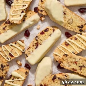 Cranberry orange biscotti dipped in white chocolate.