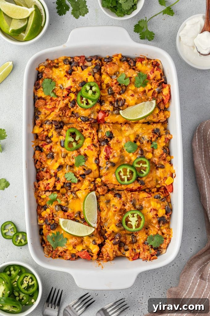 Mexican lasagna cut into squares